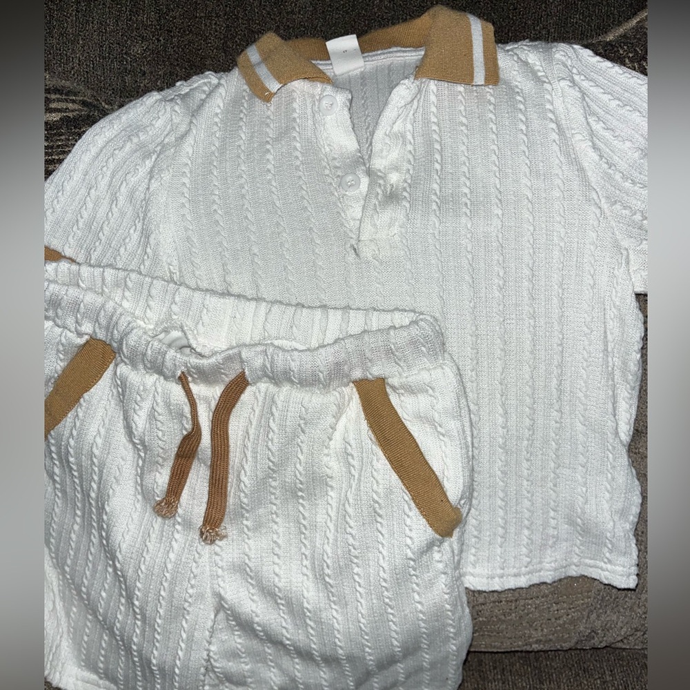 White and Tan Knit Polo Set
